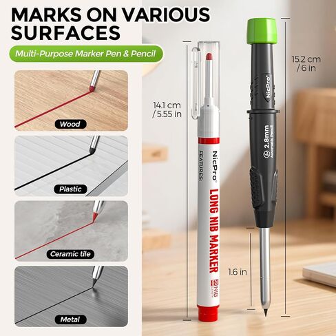 Nicpro Carpenter Pencil with Sharpener, CP3000 Construction Pencils with 6 Refills in a Lead Dispenser, Deep Hole Long Nib Marker Pens for Construction, Heavy Duty Carpenter Tools for Woodworking in Kuwait
