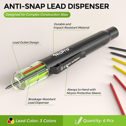 Nicpro Carpenter Pencil with Sharpener, CP3000 Construction Pencils with 6 Refills in a Lead Dispenser, Deep Hole Long Nib Marker Pens for Construction, Heavy Duty Carpenter Tools for Woodworking in Kuwait