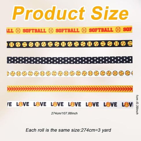 BOXOB 6 Roll Softball Ribbons, 18 Yards Sport Theme Softball Baseball Ball Hair Grosgrain Ribbon for Sports Party Decor Sewing DIY Crafts Gift Wrapping Supplies in Saudi Arabia