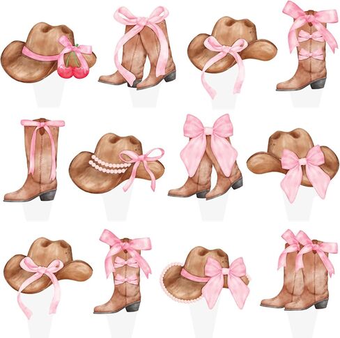 حذاء رعاة البقر وقبعة القبعات الوردي القوس كب كيك أعلى الأقطار Coquette Cowgirl Cake Decorations 48pcs أحذية وقبعات كب كيك تختار ديكورات عيد ميلاد راعية البقر الغربية للفتيات الغرب الغرب لوازم الحفلات in Kuwait