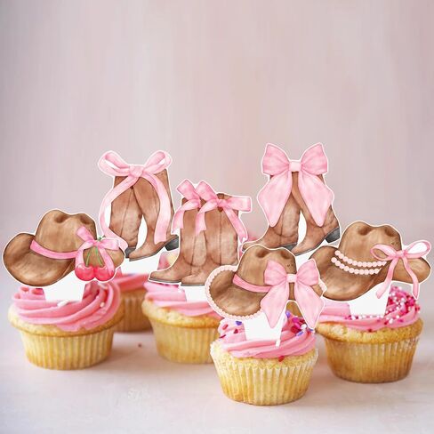 حذاء رعاة البقر وقبعة القبعات الوردي القوس كب كيك أعلى الأقطار Coquette Cowgirl Cake Decorations 48pcs أحذية وقبعات كب كيك تختار ديكورات عيد ميلاد راعية البقر الغربية للفتيات الغرب الغرب لوازم الحفلات in Kuwait