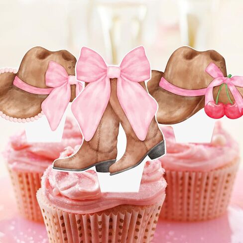 حذاء رعاة البقر وقبعة القبعات الوردي القوس كب كيك أعلى الأقطار Coquette Cowgirl Cake Decorations 48pcs أحذية وقبعات كب كيك تختار ديكورات عيد ميلاد راعية البقر الغربية للفتيات الغرب الغرب لوازم الحفلات in Kuwait