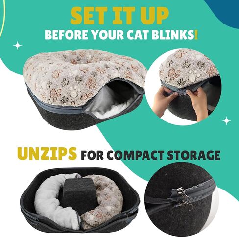 RINGTAIL Peekaboo Cat Cave - Cat Caves for Indoor Cats, Cat Donut Tunnel Bed, Kitten Beds Felt, Cat Bed Cave Large with Two Fluffy Fleece Cushion, Nest Cove Scratch-Resistant Detachable & Washable in Saudi Arabia