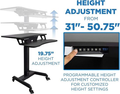 جبل! محطة عمل قابلة للتعديل قابلة للتعديل مع ارتفاع الهاتف المحمول مع عجلات | Rolling Sit Stand Workstation مع وحدة تحكم تعديل الارتفاع القابلة للبرمجة | 31.5 × 14.5 في الطاولة in Kuwait