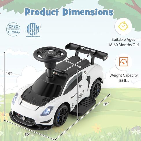 Costzon Push Car للأطفال الصغار ، 3 من كل واحد من عربة Maserati المرخصة في عربة المشي مع مقبض ، Basslail ، تحت تخزين المقعد ، القرن والموسيقى ، القدم إلى الأرض ركوب الألعاب على الأولاد الفتيات (أبيض) in Saudi Arabia