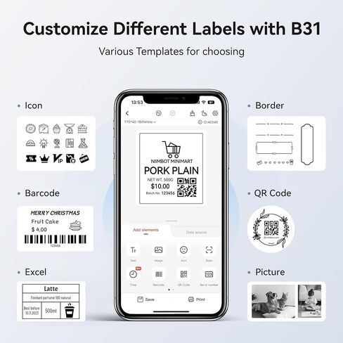 Niimbot B31 Maker Maker مع شريط ، طابعة تسمية محمولة 3 بوصة للباركود ، العنوان ، الشعار ، وضع العلامات ، صانع الملصقات الحرارية متوافقة مع الهواتف الذكية والكمبيوتر الشخصي ، الأزرق الداكن in Kuwait