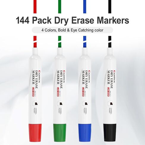 Comix Dry Erase Markers, 4 Assorted Colors, 4 Sets of 36 Markers, 144 Markers Total, Chisel Tip Whiteboard Makrers for Teachers Office & School Supplies in Saudi Arabia