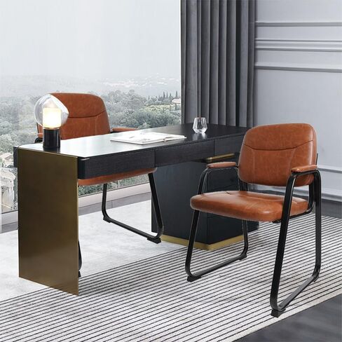 CLATINA Guest Reception Chair, Waiting Room Desk Chair Meeting Chairs with Sled Base and Bonded Leather Padded Armrests, Ergonomic Side Chair for Home Office Conference, Brown 2Pack in Saudi Arabia