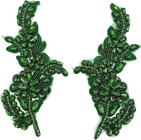 1 Pair Handmade Flower Rhinestone Applique for Clothes, Crystal Fabric Patches for Wedding Dress, Bling Beaded Embroidery Lace Applique for Hat Hairband Sewing Embellishment (Green) in Saudi Arabia