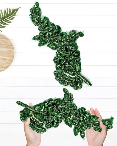 1 Pair Handmade Flower Rhinestone Applique for Clothes, Crystal Fabric Patches for Wedding Dress, Bling Beaded Embroidery Lace Applique for Hat Hairband Sewing Embellishment (Green) in Saudi Arabia