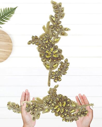 1 Pair Handmade Flower Rhinestone Applique for Clothes, Crystal Fabric Patches for Wedding Dress, Bling Beaded Embroidery Lace Applique for Hat Hairband Sewing Embellishment (Green) in Saudi Arabia
