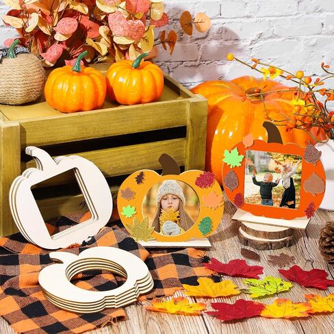 Wooden Pumpkin Photo Frame Fall Picture Frame Craft Kits for Kids Maple Leaf Stickers DIY Blank Unfinished Pumpkin Halloween Thanksgiving Harvest Decoration Cutouts Activity Gift 12 Packs in Kuwait