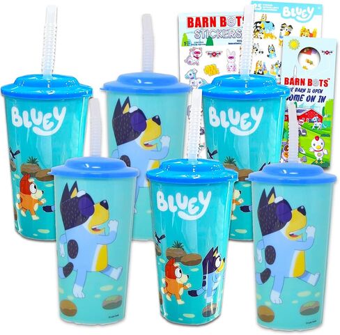 مجموعة زجاجة ماء 16oz Bluey - حزمة مع 6 أكواب قابلة لإعادة الملء مع قش للمستلزمات المدرسية والرياضة ولوازم الحفلات والمزيد | أكواب زرقاء لعيد ميلاد الأطفال الصغار in Saudi Arabia