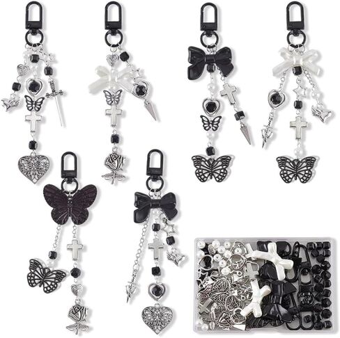 SUNNYCLUE 1 Box 160Pcs Keychain Making Kits Gothic Key Chains Black Butterfly Beads Heart Charm Halloween Gothic Charms Acrylic Glass Spacer Beads for Keychains Making Women Adults DIY Crafts Supplies in Saudi Arabia