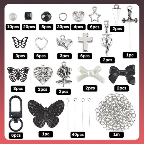 SUNNYCLUE 1 Box 160Pcs Keychain Making Kits Gothic Key Chains Black Butterfly Beads Heart Charm Halloween Gothic Charms Acrylic Glass Spacer Beads for Keychains Making Women Adults DIY Crafts Supplies in Saudi Arabia