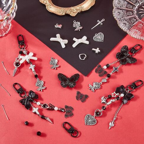 SUNNYCLUE 1 Box 160Pcs Keychain Making Kits Gothic Key Chains Black Butterfly Beads Heart Charm Halloween Gothic Charms Acrylic Glass Spacer Beads for Keychains Making Women Adults DIY Crafts Supplies in Saudi Arabia