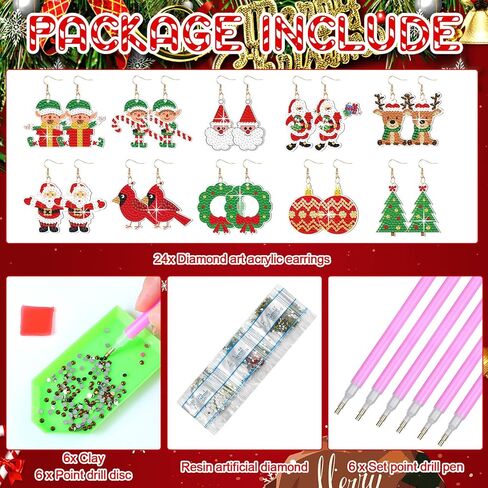Siifert 24 Pairs Christmas Diamond Painting Earrings DIY Earring Making Kit Diamond Art Earrings Jewelry Making Kit for Adults Vintage Jewelry Crafting Charms Bulk with 6 Tools for Women(Red) in Saudi Arabia