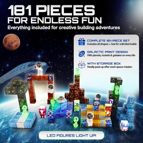 181 PCS Magnetic Blocks | Magnetic Building Blocks for Kids Age 3+ | Exclusive Magnetic Space Cubes with Custom LED | Magnet Blocks for Boys & Girls, STEM Sensory Educational Gift in Saudi Arabia