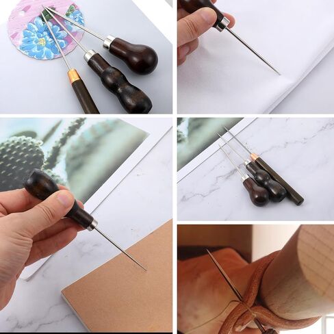 Bohuiz 3 Pack Scratch Awl Tool مع مقبض خشبي ، دبوس أشكال القرع مثقبة لجلد Awl Punch Tool for Hole Craft Shoes إصلاح خياطة جلدية لكمة الكروشيه DIY المصنوعة يدويًا in Kuwait