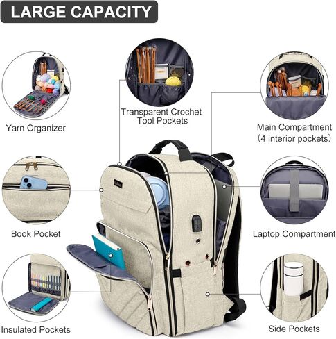 Knitting Bag Backpack, Crochet Bag Tote, Large Storage Tote with USB Charging Port, Yarn Holder Case for Carrying Projects, Needles, Supplies, Beige in Kuwait