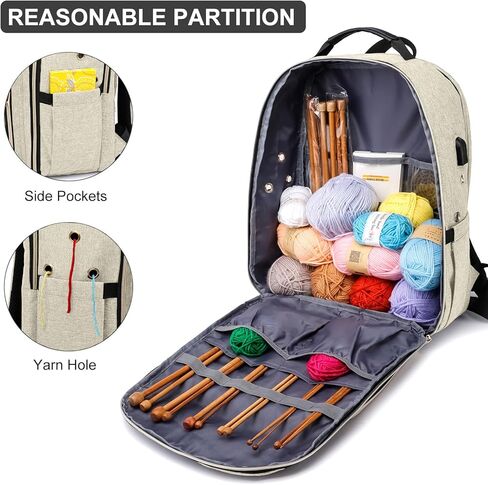 Knitting Bag Backpack, Crochet Bag Tote, Large Storage Tote with USB Charging Port, Yarn Holder Case for Carrying Projects, Needles, Supplies, Beige in Kuwait