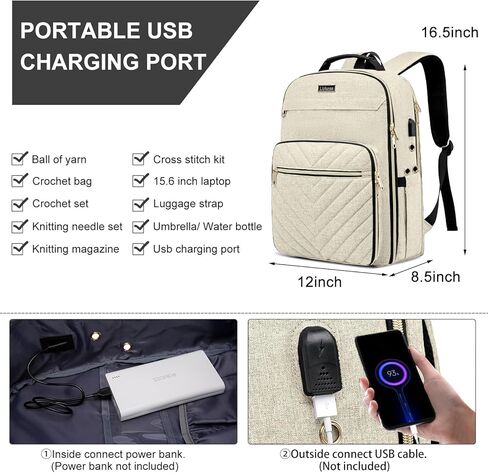 Knitting Bag Backpack, Crochet Bag Tote, Large Storage Tote with USB Charging Port, Yarn Holder Case for Carrying Projects, Needles, Supplies, Beige in Kuwait