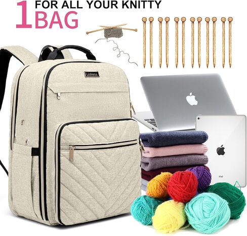 Knitting Bag Backpack, Crochet Bag Tote, Large Storage Tote with USB Charging Port, Yarn Holder Case for Carrying Projects, Needles, Supplies, Beige in Kuwait
