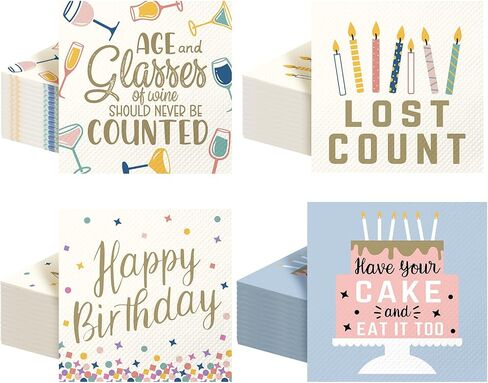 Marspark 100 Pcs Funny Birthday Napkins 5 x 5 Inch 2-ply Cocktail Candle Cake Pattern Napkins 4 Style Colorful Disposable Paper Napkin Party Supplies for Family Friend Birthday Gift Baby Shower Decor in Saudi Arabia