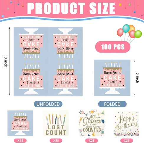 Marspark 100 Pcs Funny Birthday Napkins 5 x 5 Inch 2-ply Cocktail Candle Cake Pattern Napkins 4 Style Colorful Disposable Paper Napkin Party Supplies for Family Friend Birthday Gift Baby Shower Decor in Saudi Arabia
