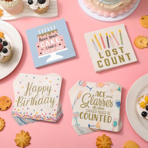 Marspark 100 Pcs Funny Birthday Napkins 5 x 5 Inch 2-ply Cocktail Candle Cake Pattern Napkins 4 Style Colorful Disposable Paper Napkin Party Supplies for Family Friend Birthday Gift Baby Shower Decor in Saudi Arabia