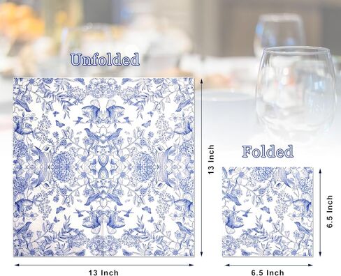 60 Pack Blue Floral Paper Napkins, Decorative Disposable Napkins for Wedding, Tea Party, Cocktail, Dinner, and Special Events - 6.7" Fancy Napkin in Saudi Arabia