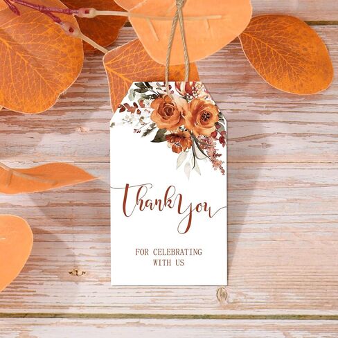 100Pcs Fall Floral Thank You Paper Tags Watercolor Orange Boho Flower Paper Hanging Label Tags with Hemp Rope for Autumn Birthday Baby Shower Party Favors, 2 x 3.5 Inch in Saudi Arabia