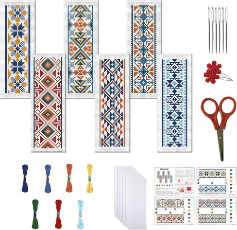 FREEBLOSS 6 PCS Cross Stitch Bookmark Kits for Beginner Retro Pattern Stamped Cross Stitch Kit DIY Embroidery Bookmark Kit with Instructions 8" x 2.4" in Saudi Arabia