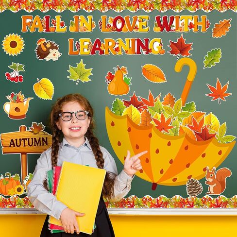 Fall Bulletin Board Decorations Fall in Love with Learning Classroom Bulletin Board Set Autumn Maple Leaves Umbrella Pumpkin Cutouts for School Office Home Wall Thanksgiving Decor in Saudi Arabia