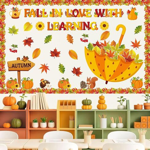 Fall Bulletin Board Decorations Fall in Love with Learning Classroom Bulletin Board Set Autumn Maple Leaves Umbrella Pumpkin Cutouts for School Office Home Wall Thanksgiving Decor in Saudi Arabia