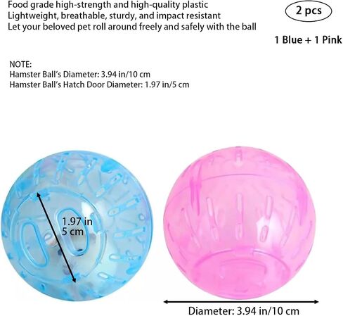 2Pcs 3.94 Inch Rotundity Hamster Balls, Breathable and Sturdy Dwarf Hamster Exercise Balls Running Wheel Gerbil Toys, Small Animals, Portable Small Pet Supplies (Blue and Pink) in Kuwait