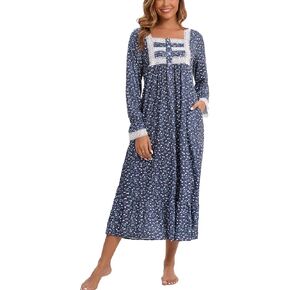 Rubehoow Women's Nightgown Victorian Nightwear Long Sleeve Vintage Pajama Dress Soft Cotton Loungewear with Pockets in Kuwait