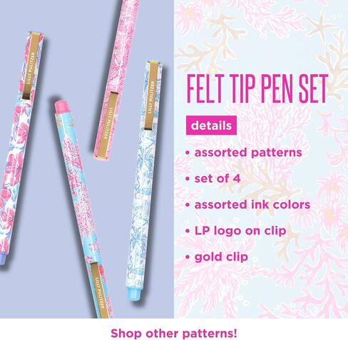 Lilly Pulitzer Felt Tip Pen Set of 4, Colored Pens Fine Point, Colorful Pens for Note Taking and Journaling (Pink and Blue Assorted Patterns) in Saudi Arabia