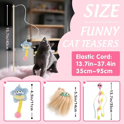 Elastic Plush Cat Wand Toy Funny Interactive Cat Fishing Pole Toy with Bell Soft Natural Wood Kitten String Toys for Indoor Cats Kittens Bored Cats (3 Pack) in Saudi Arabia