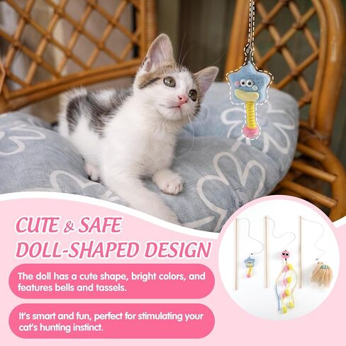 Elastic Plush Cat Wand Toy Funny Interactive Cat Fishing Pole Toy with Bell Soft Natural Wood Kitten String Toys for Indoor Cats Kittens Bored Cats (3 Pack) in Saudi Arabia