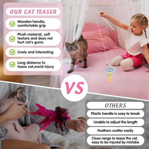 Elastic Plush Cat Wand Toy Funny Interactive Cat Fishing Pole Toy with Bell Soft Natural Wood Kitten String Toys for Indoor Cats Kittens Bored Cats (3 Pack) in Saudi Arabia