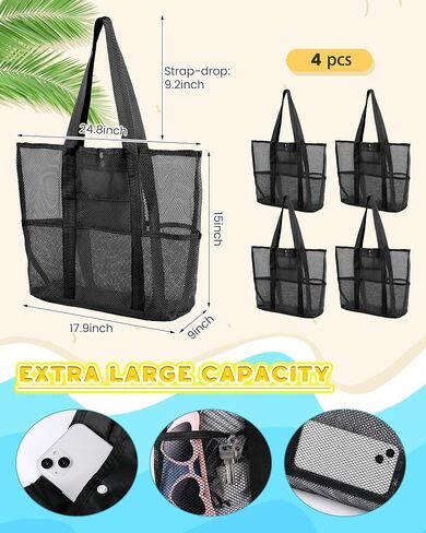 4 Pcs Mesh Beach Bag with Pockets Lightweight Travel Pool Bag Swim Beach Tote for Women Towel Vacation Essentials in Saudi Arabia
