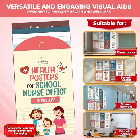 Decorably 15 Health Posters for School Nurse Office Decorations, 11x17in Matte-Laminated Educational School Nurse Posters for Office - Classroom, Bulletin Boards, Home Study Room in Saudi Arabia