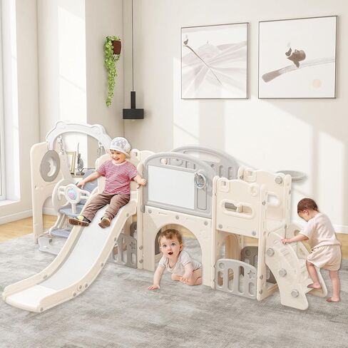 Toddler Outdoor Climber Playset with Basketball for Kids Ages 1 to 3 Years Slide and Swing Set 12 in 1 Playground Indoor Slide for Kids Durable Ecofriendly Plastic Backyard Playset White in Kuwait