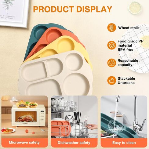 DYB DONGYONGBAO 12 Inch (8PCS) Unbreakable Divided Plates for Kids Adults, Wheat Straw Dividers Plates, Reusable Compartment Plates,Dishwasher & Microwave Safe in Saudi Arabia