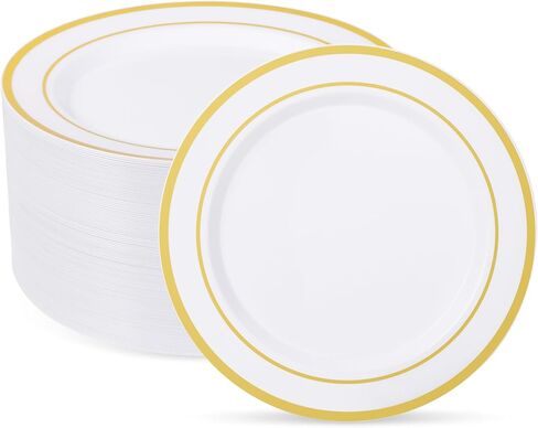 Goodluck 100PCS Gold Plastic Plates, 10.25 Inch Dinner Plate with Gold Rim, Heavy Duty Disposable Plastic Plates for Party, Wedding, Birthday & Daily Use in Kuwait