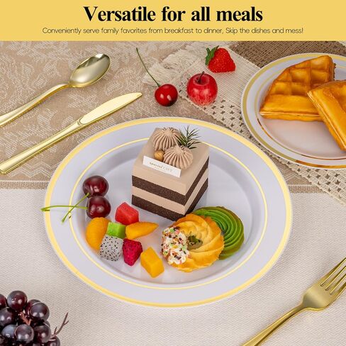 Goodluck 100PCS Gold Plastic Plates, 10.25 Inch Dinner Plate with Gold Rim, Heavy Duty Disposable Plastic Plates for Party, Wedding, Birthday & Daily Use in Kuwait