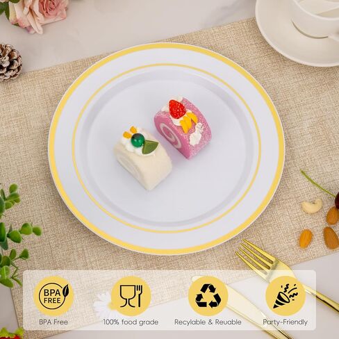 Goodluck 100PCS Gold Plastic Plates, 10.25 Inch Dinner Plate with Gold Rim, Heavy Duty Disposable Plastic Plates for Party, Wedding, Birthday & Daily Use in Kuwait