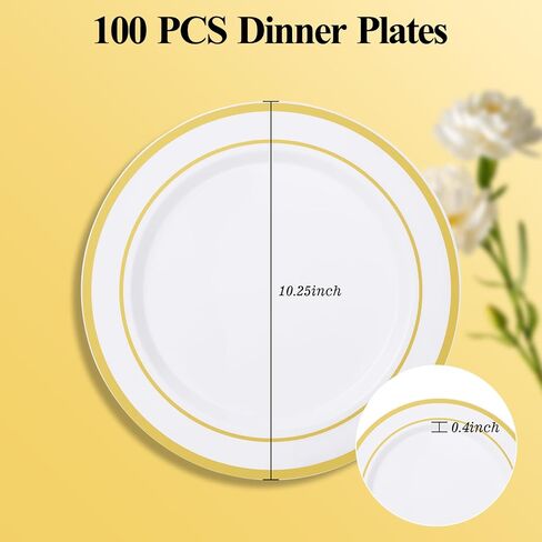 Goodluck 100PCS Gold Plastic Plates, 10.25 Inch Dinner Plate with Gold Rim, Heavy Duty Disposable Plastic Plates for Party, Wedding, Birthday & Daily Use in Kuwait