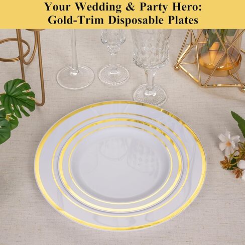 Goodluck 100PCS Gold Plastic Plates, 10.25 Inch Dinner Plate with Gold Rim, Heavy Duty Disposable Plastic Plates for Party, Wedding, Birthday & Daily Use in Kuwait